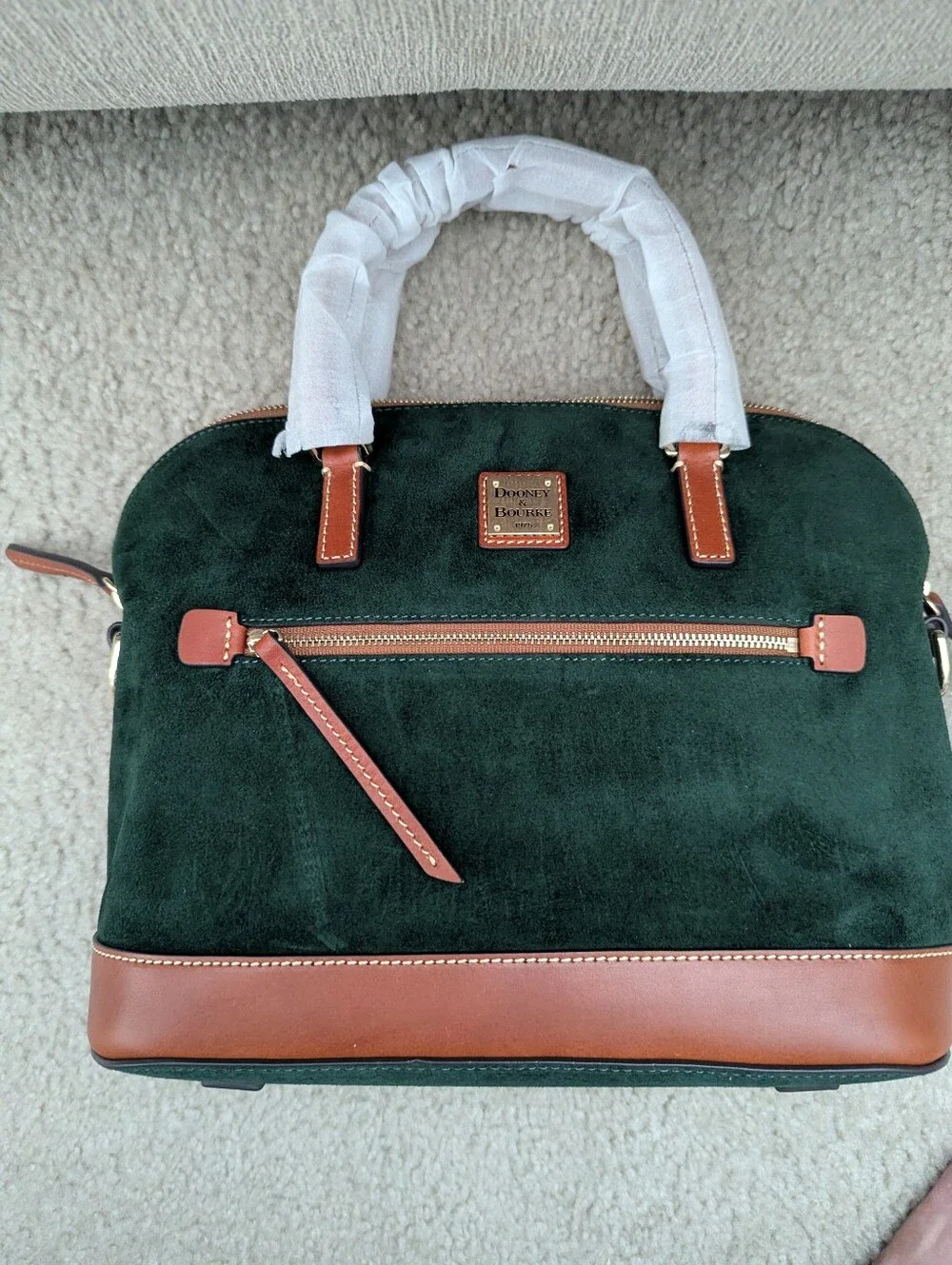 Dooney & Bourke Green Ivy Suede and Brown Leather Dome Zip Satchel